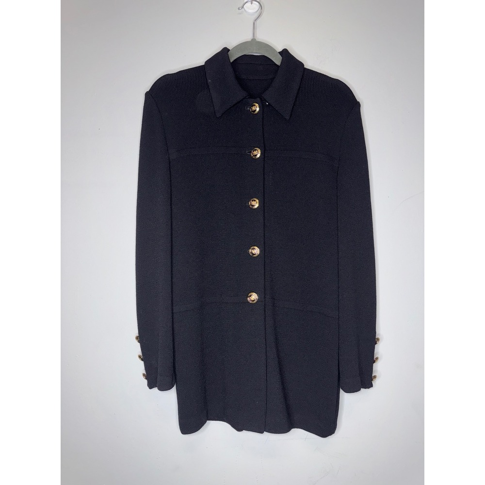 St. John Knits Black Santana Knit Longline Cardigan Gold Crest Button Jacket